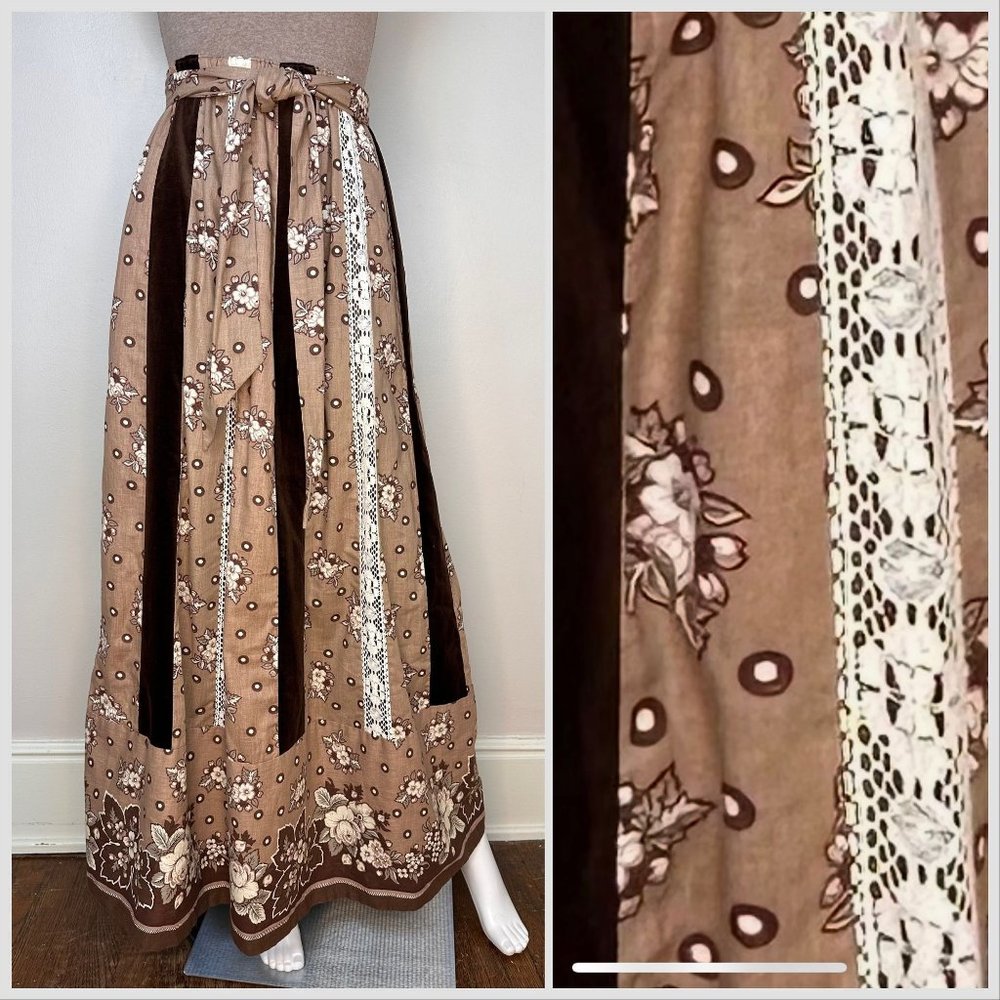 Vintage 1970s Mocha Brown Floral Lace Brown Velvet Patchwork Maxi Skirt, Mr Hank